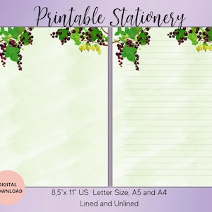 Summer Berries Printable Stationery-Blackcurrant Writing Paper Set Unlined Lined A5/A4/US Letter-Cute Stationery for Letters Notes
