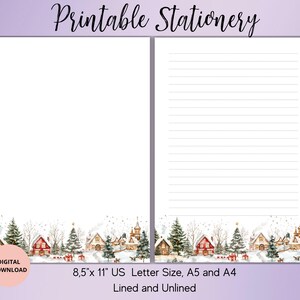 Könnte beinhalten: Druckbare Schreibwaren mit einem Winterdorf-Design. Die Schreibwaren umfassen linierte und unlinierte Seiten mit einem dekorativen Rand mit Häusern, Bäumen und Schnee. Der Text oben lautet "Printable Stationery". Das Papierformat ist 21,6 x 27,9 cm US Letter, A5 und A4.
