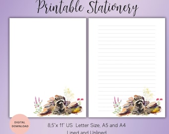 Raccoon Printable Stationery,Woodland Animal stationary,Printable Writing Paper set,Journal Notepad, Digital Download, US Letter,A4,A5