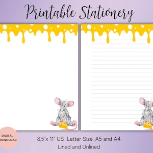 Papelaria para impressão de rato fofo, Papelaria digital, Suprimentos para amigos por correspondência, Papelaria com folhas de carta pautadas/sem pauta, Papel de carta A4, A5, USLetter