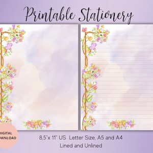 Papelería imprimible de flores de primavera-Papel de escritura de cartas digitales A5/A4/Cartas de EE. UU. Conjunto forrado sin forro-Flor estacionaria-Papel de notas floral Penpal