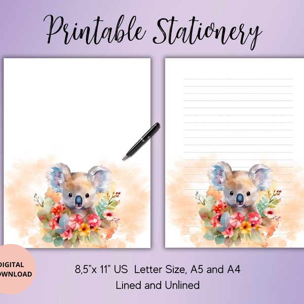 Koala printable stationery-Cute stationary-Kids writing paper set lined unlined A4/A5/US letter-Digital Download Note Paper-Pen pal supplies