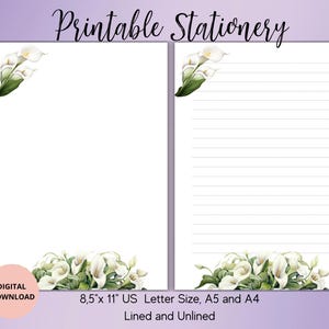 Ensemble de papier à lettres imprimable fleurs calla lys blanc sans ligné A5/A4/US Letter-Mignonne papeterie pour lettres notes-bloc-notes Calla