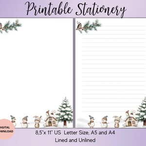May include: Printable stationery set featuring winter-themed illustrations. The design includes snowmen, houses, and pine trees. The stationery is available in lined and unlined versions, with US letter, A5, and A4 sizes. The top corners have a bird and pine branch design.