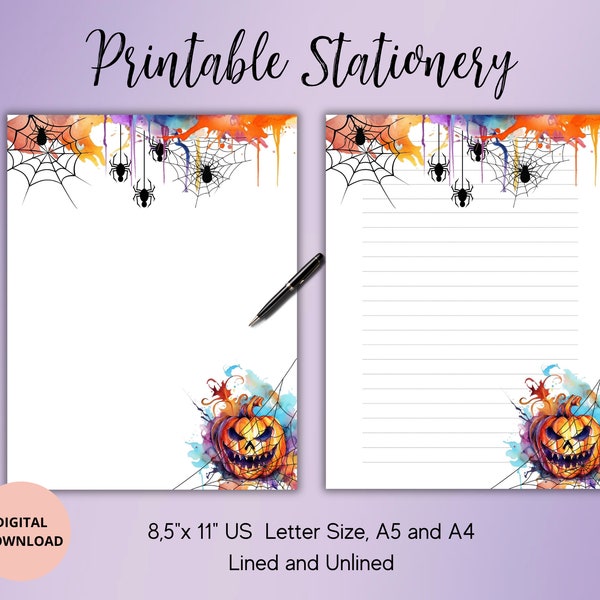 Halloween Stationary,Pumpkin Spider Printable Stationery,Printable Writing Paper Set,Lined,Unlined A4,A5 and US Letter,Digital download