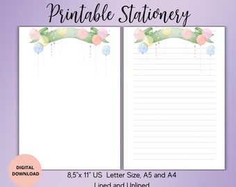 Watercolor Balloons Printable stationery-Birthday Stationery Set-Writing paper lined unlined A4/A5/US LETTER- Penpal Supplies-Digital PDF