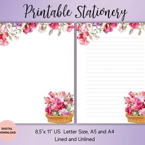 Ensemble de papier à lettres imprimable pois de senteur - été, sans doublure, A4/A5/US Letter-Mignon à lettres-papier à lettres floral
