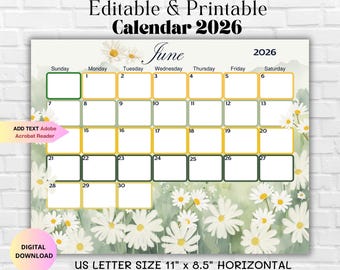 Editable June 2026 Calendar-Daisy 2026 Monthly Planner Family Work School Office & Home Organizer-Printable Monthly Calendar-Summer Planner