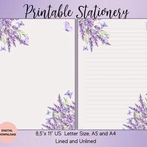 Lavande avec des papillons Papeterie imprimable - Fleurs pour correspondance - Ensemble de papier à lettres floral, ligné non ligné A4/A5/USLetter-Papier à lettres floral