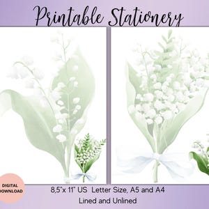 Papelaria para impressão Lilies of the Valley - Conjunto de escrita Spring Flower A4/A5/US Letter pautado sem pauta - Papel para anotações Lilies of the Valley