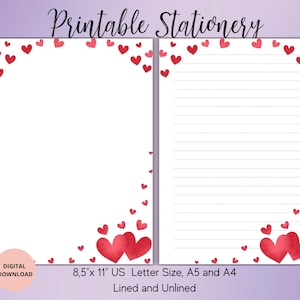 Herz druckbares Briefpapier, digitaler Download, druckbares Schreibpapier zum Valentinstag, gefüttert, unliniert, A4 / US Letter-Love Stationary-Love Letter
