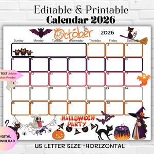 Op de afbeelding: Een afdrukbare Halloween-kalender voor oktober 2026, met illustraties van vleermuizen, pompoenen en heksen. De kalender is US Letter-formaat en horizontaal, met de tekst "Editable & Printable Calendar 2026".