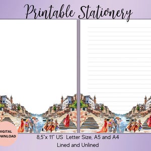 May include: Printable stationery featuring a watercolor illustration of a cityscape with a river and steps. The image is in shades of blue, green, brown, and red. The text "8.5"x 11" US Letter Size, A5 and A4 Lined and Unlined" is at the bottom of the image.
