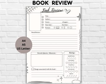 Printable Book Review Template-Printable Reading Journal- Book Tracker-Notes