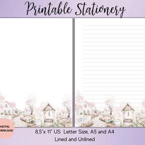 Papeterie imprimable printanière rose-papier à lettres fleurs de printemps ligné sans doublure A5/A4/US lettre-papier à lettres numérique fleurs-paysage de printemps