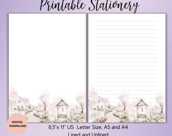 Pink Spring  Printable Stationery-Spring Flower Writing paper Lined Unlined A5/A4/US Letter-Digital Flower Notepaper-Spring Landscape