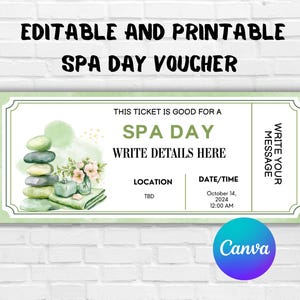 Spa Day EDITABLE Voucher-Personalized Spa Day Gift Voucher-Editable Spa Day Ticket-Printable Spa Voucher-Spa Day Coupon Certificate