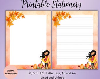 Autumn Fall Printable Stationery-Autumn Girl Writing Paper Set Lined Unlined A4/A5/US Letter-Autumn Leaves Pan Pal Supplies-Cute Note Paper