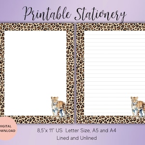 Könnte beinhalten: Druckbare Briefpapier mit einem Leopardenmuster-Rand und einer Leopardenillustration. Das Briefpapier ist in den Größen 8,5 x 11 Zoll US Letter, A5 und A4 erhältlich. Das Bild zeigt sowohl linierte als auch unlinierte Versionen.