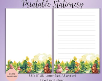 Cute Animal Printable Stationery-Woodland Animal Writing Paper Set Unlined Lined A4/A5/US Letter-Animal notepaper-Cute Stationary