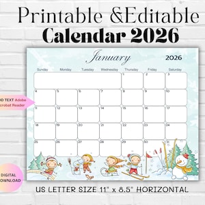 Januar 2026 EDITIERBARER Kalender-Druckbarer befüllbarer Winterplaner für Kinder Schule Zuhause Arbeit Büro-Instant Download-Januarplaner