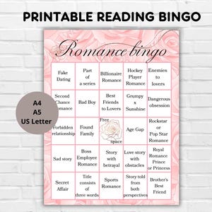 May include: Printable reading bingo game with a pink floral background. The bingo card features romance novel themes such as "Fake Dating," "Bad Boy," and "Secret Affair." Includes A4, A5, and US Letter size options.