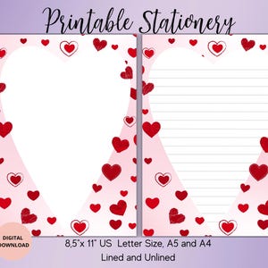 Papelería imprimible con corazones: papel de carta imprimible para el día de San Valentín, con rayas y sin rayas, tamaño A4, A5 o carta de EE. UU., papelería de amor, carta de amor