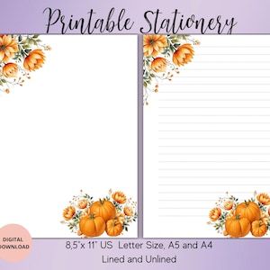 Papelería de calabaza con flores, papelería imprimible de otoño, suministros para amigos por correspondencia, carta digital, juego de papel de escritura imprimible A4, A5, carta de EE. UU.