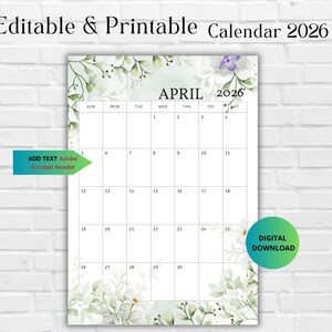 Redigerbar aprilkalender 2026 - Påsk 2026 Månadsplanerare Familj Arbete Skola Kontor & Hem Organisatör - Utskrivbar månadskalender