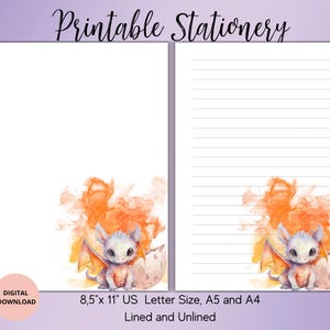 May include: Printable stationery featuring a cute, purple dragon with orange wings emerging from a cracked egg. The dragon is surrounded by orange watercolour-like smoke. The stationery is available in 8.5 x 11 inch US Letter size, A5 and A4, and comes in lined and unlined options.