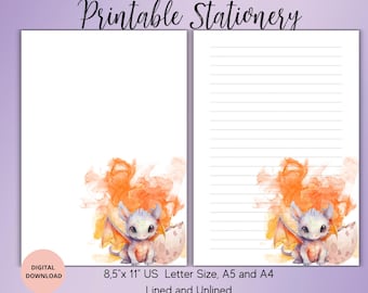 Dragon stationary-Cute dragon Printable stationary sets- Digital Letter-Kids Writing Paper Set Lined Unlined A4/A5/US Letter-Penpal Supplies