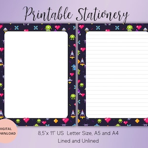 Juegos antiguos Papelería imprimible-Papelería estilo píxel-Juego estacionario forrado sin forro A4/A5/US Carta-Pen amigo suministros-Papel de notas divertido