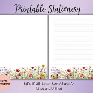 Meadow Unlined Lined Printable Stationery-Field Blooms Writing Paper Set A4/A5/US Letter-Flower Printable note paper