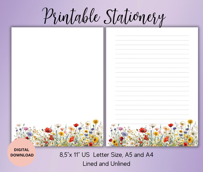 Meadow Unlined Lined Printable Stationery-field Blooms Writing Paper ...