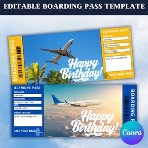 Editable Birthday Airplane Ticket-Printable Surprise Trip Ticket-Airplane Boarding Pass-Birthday Gift-Surprise Vacation-Canva Template