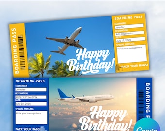 Editable Birthday Airplane Ticket-Printable Surprise Trip Ticket-Airplane Boarding Pass-Birthday Gift-Surprise Vacation-Canva Template