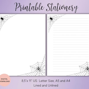 Spider Printable Stationary-Halloween Printable Stationery-Spider Web Writing Paper Set Lined Unlined A4,A5,US Letter Digital download