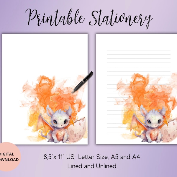 Dragon stationary-Cute dragon Printable stationary sets- Digital Letter-Kids Writing Paper Set Lined Unlined A4/A5/US Letter-Penpal Supplies