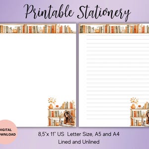 Könnte beinhalten: Druckbare Briefpapier mit einem Bücherregal mit Büchern und einer lesenden Frau. Das Briefpapier ist in den Formaten 8,5" x 11" US Letter, A5 und A4 erhältlich und in linierten und unlinierten Ausführungen.