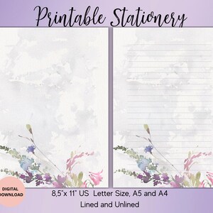 Papelería imprimible con flores de acuarela, papelería con flores silvestres, papel para escribir cartas A4, A5, carta de EE. UU., descarga instantánea