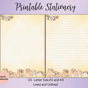 May include: Printable stationery with a light yellow background, featuring a floral design at the top and a row of cute animal illustrations at the bottom. The text "Printable Stationery" is at the top. Includes lined and unlined US Letter, A5, and A4 sizes.