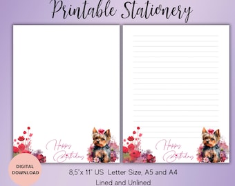 Papelaria para impressão Yorkshire Terrier - Conjunto de papel de carta de feliz aniversário pautado sem pauta A4, A5, carta dos EUA - Dia do aniversário do cachorro - Download instantâneo