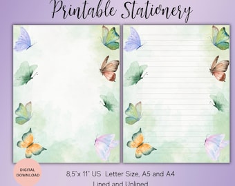 Butterfly Printable Stationery,Watercolor Stationary,Digital Download,Printable Writing Paper Set Lined,Unlined A4,A5 and 8.5x11 US Letter