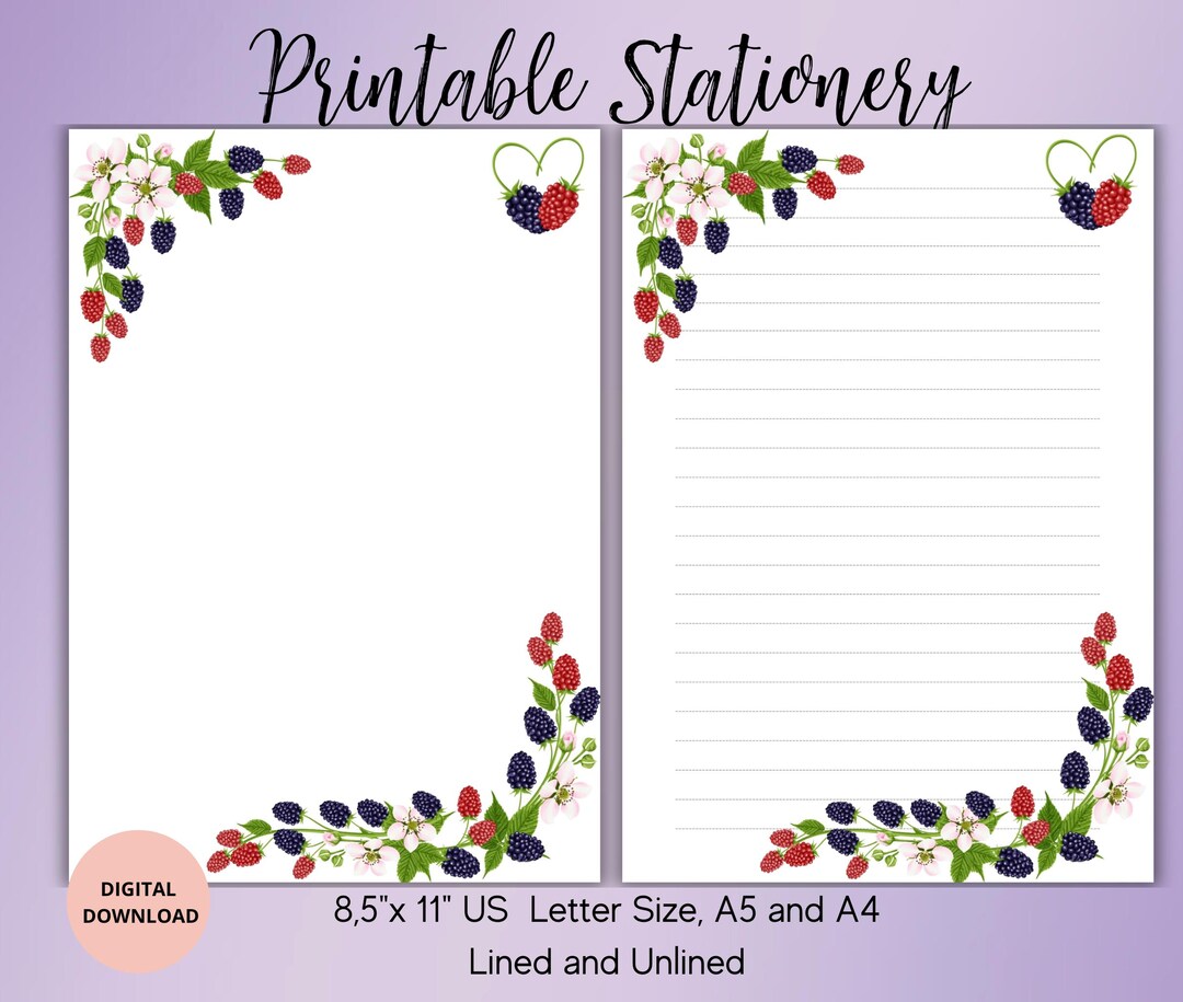 Raspberry Printable Stationery-berries Writing Paper Set Unlined Lined ...