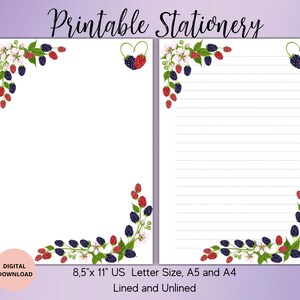 Raspberry Printable Stationery-Berries Writing Paper Set Unlined Lined A5/A4/US Letter-Flower Notepad-Cute Stationery for Letters Notes