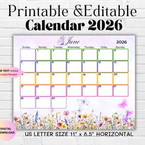Bearbeitbarer Juni 2026 Kalender-Sommer 2026 Monatsplaner Familienarbeit Schule Büro & Heim Organizer-Druckbarer Monatskalender