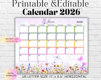 Bearbeitbarer Juni 2026 Kalender-Sommer 2026 Monatsplaner Familienarbeit Schule Büro & Heim Organizer-Druckbarer Monatskalender