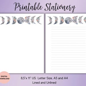 Moon Phases Printable Stationery-Astrology Stationary Writing Paper Set A4/A5/US Letter Download PDF lined unlined Notepad Flower Memo sheet