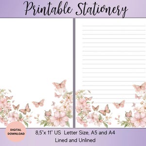 Papillons roses avec fleurs Papeterie imprimable - Papier à lettres fleurs - Papier à lettres numérique fleurs, A5/A4/US Letter - Non ligné