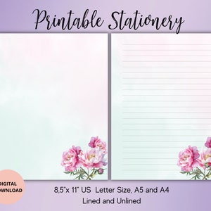 Ensemble de papier à lettres imprimé floral pivoine, fleurs et papeterie, ligné non doublé A4/A5/US Letter, téléchargement immédiat - fournitures pour plume